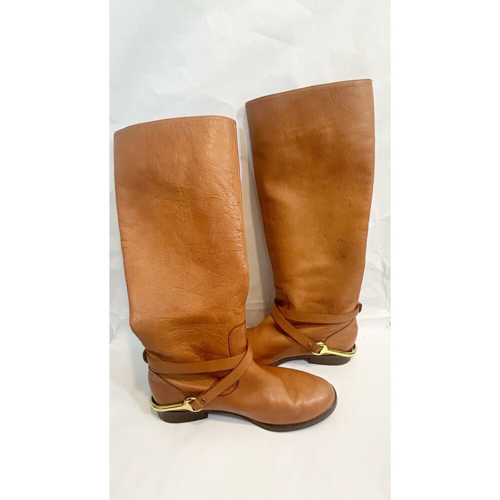 Ralph Lauren Jenny Tall Equestrian Gold Stirrup Cognac Leather Boots Size 6B - Picture 2 of 14